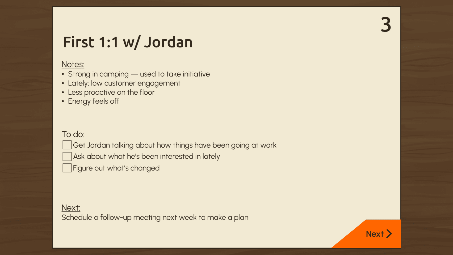 Calendar notes summarizing Jordan’s recent performance and the manager’s objectives for the first one-on-one