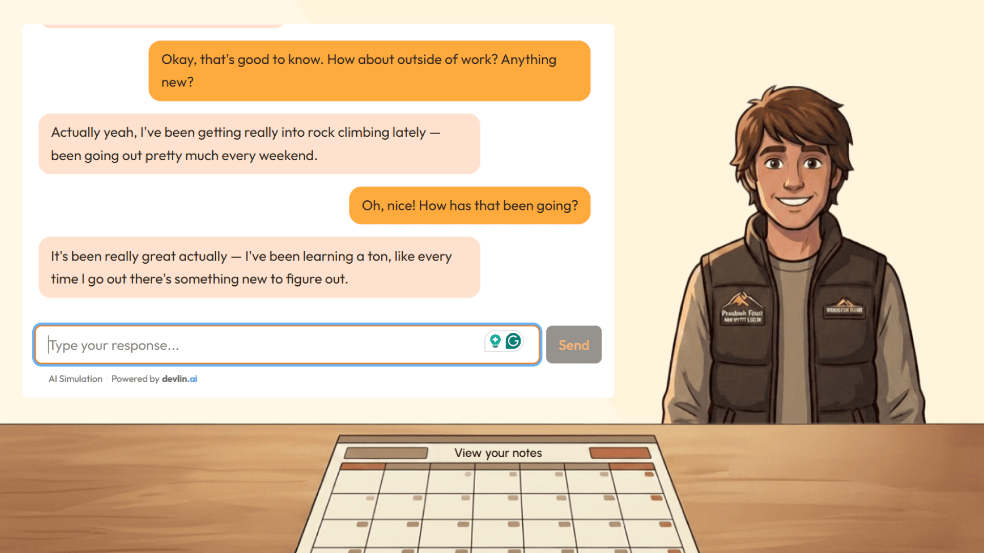 AI conversation with Jordan — his body language opening up as rapport builds