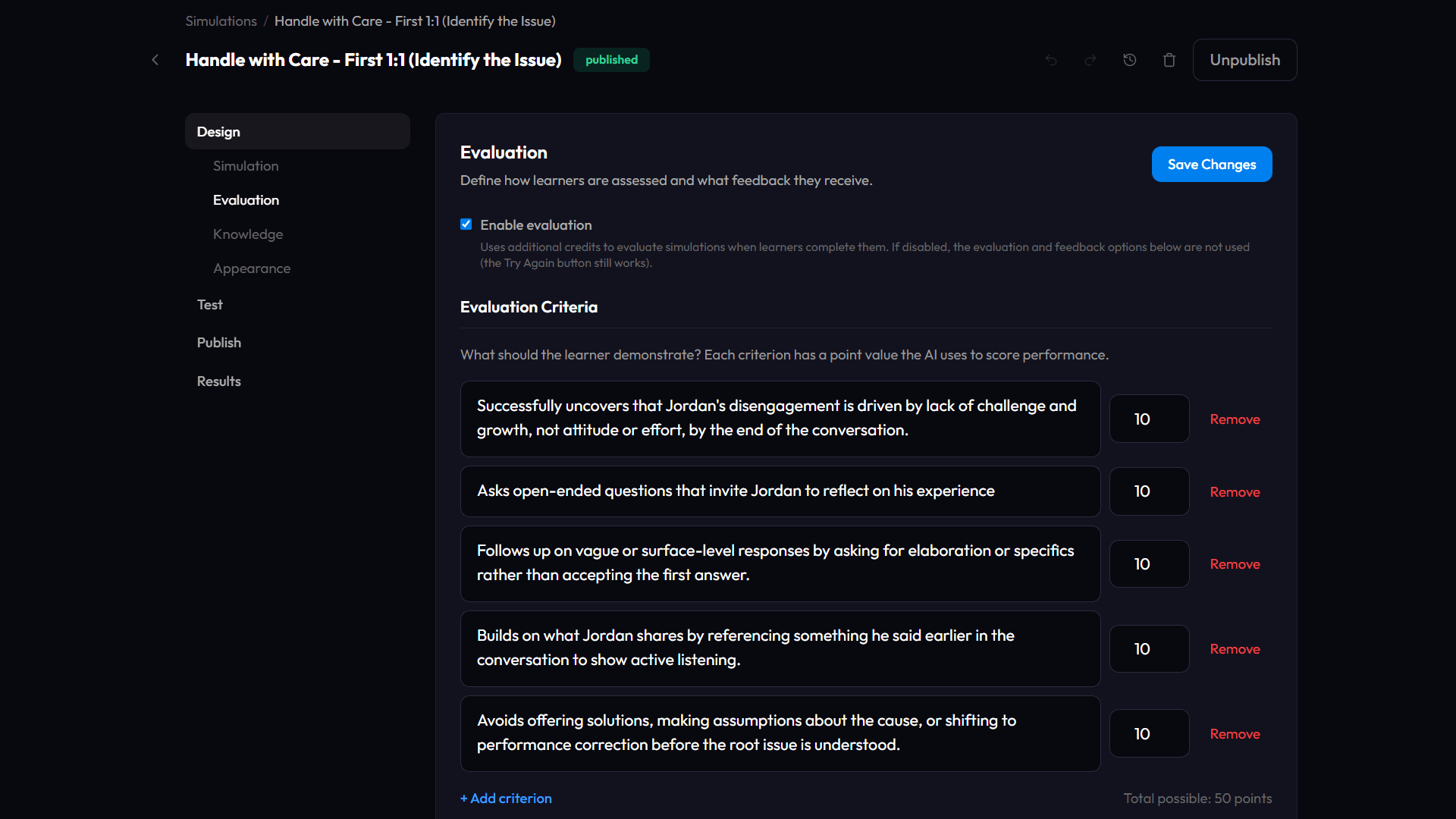 AI evaluation criteria tied directly to the coaching performance objectives