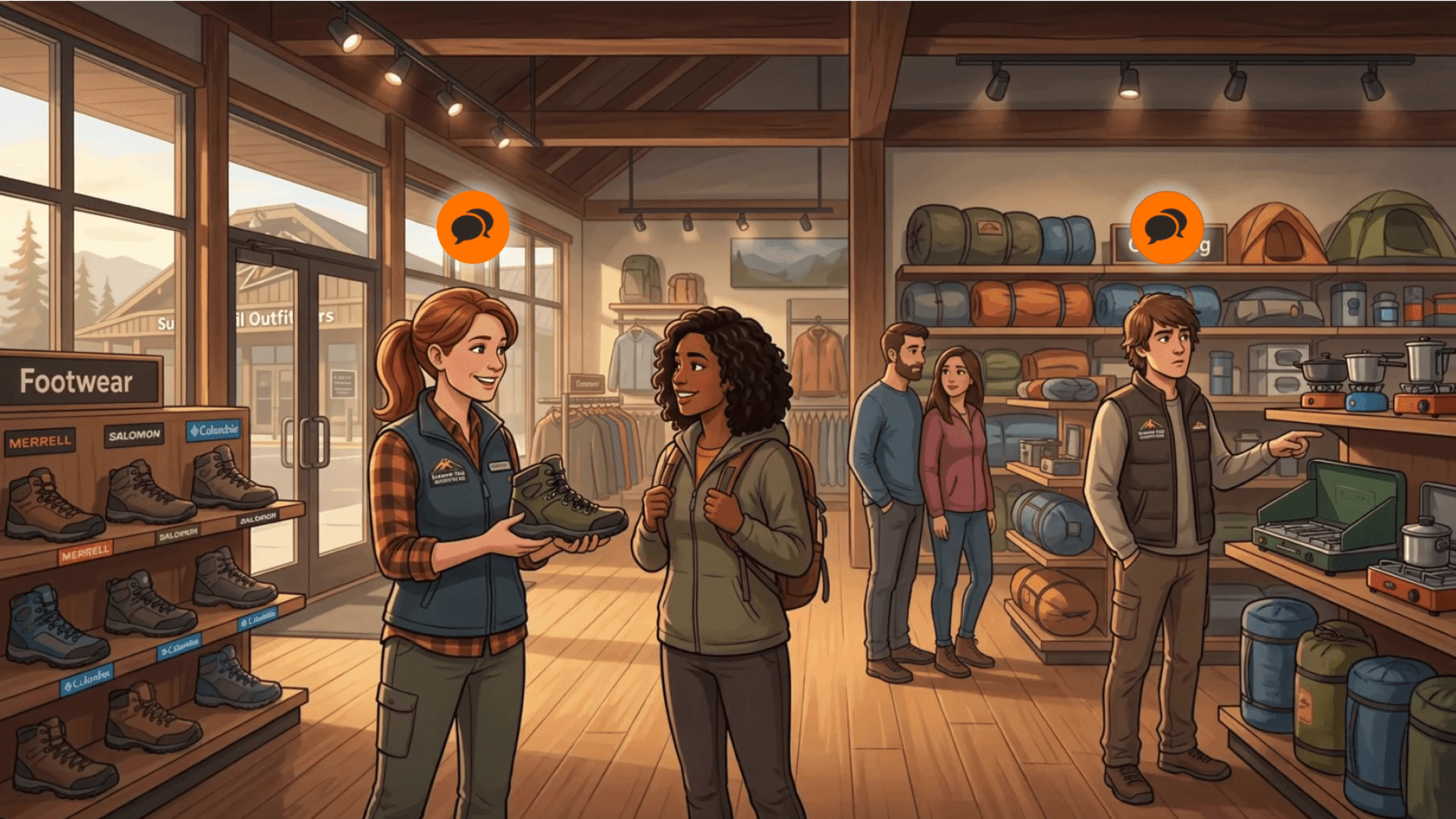 Opening cinematic — the learner observes Jordan and a high-performing colleague with customers on the store floor