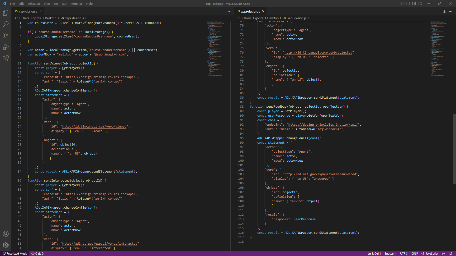 The xAPI JavaScript written in Visual Studio Code and executed in Storyline