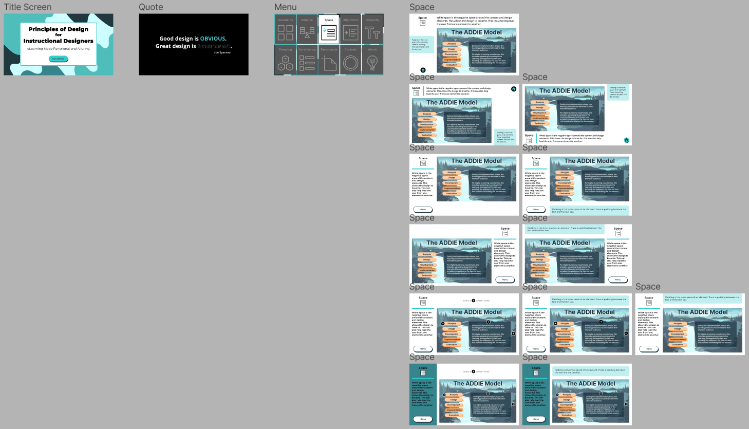 Refined mockups introducing a menu slide to free up space on the content slides