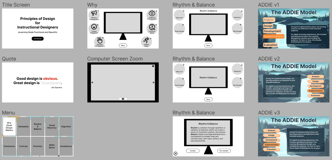 Second round of wireframes framing the content inside a computer screen