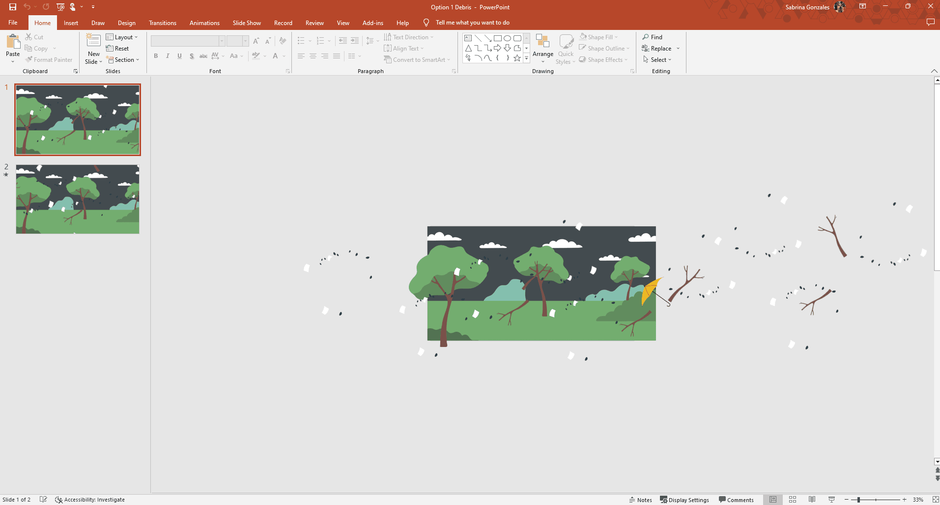A custom debris animation being built across slides in PowerPoint