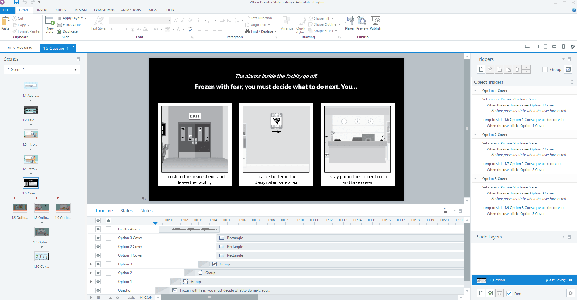 The question slide assembled in Articulate Storyline 360 with triggers, layers, and a synced audio timeline