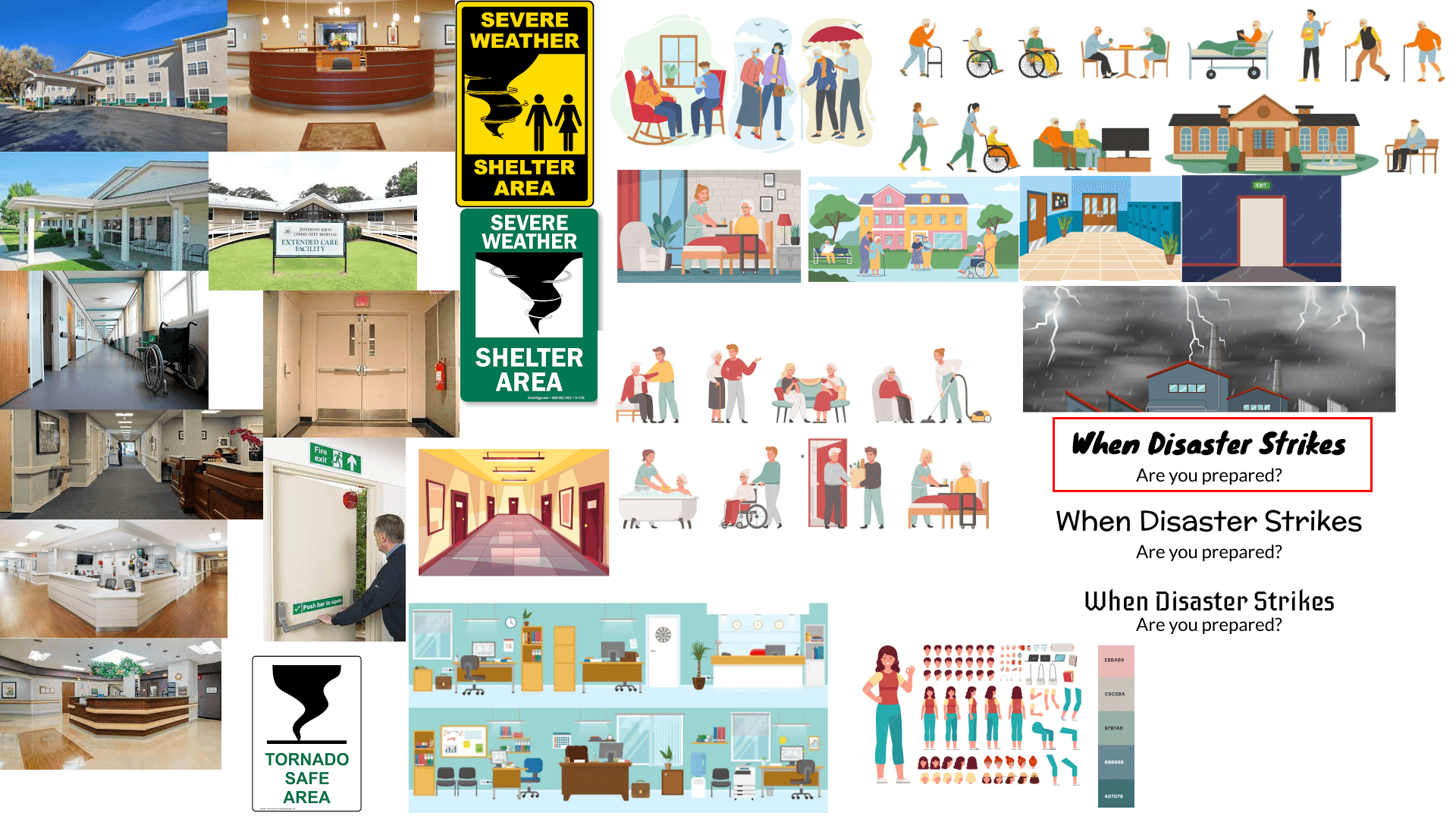 The mood board with nursing-facility photos, illustrations, font pairings, and color palettes