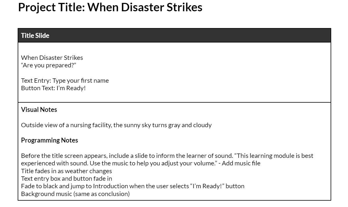 The text-based storyboard for the title slide, with visual and programming notes for audio and animation