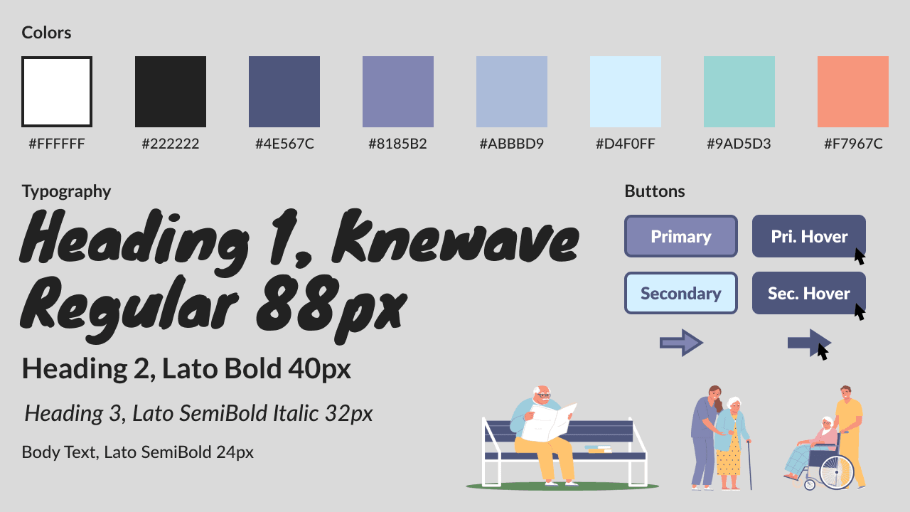 The style guide with a color palette pulled from the illustrations, button styles, and type